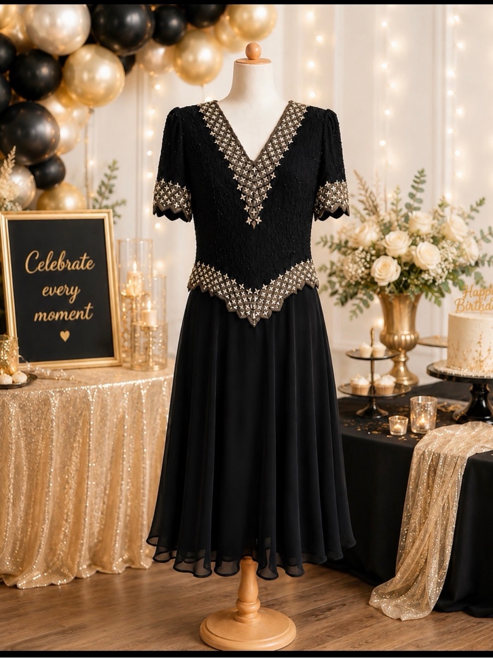 Elegant Black Midi Dress with beaded Trim embellishments size medium
